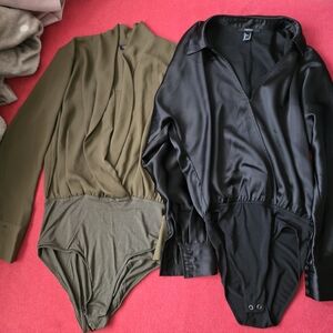 Olive Green Topshop US 4 & Black Forever 21 Satin Bodysuit Blouses|Bundle of 2